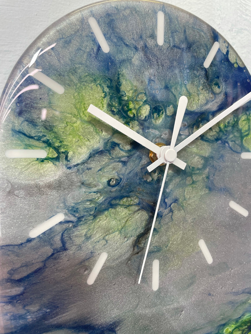 Narrow Metallic Silver Blue and Green Abstract Resin Wall Clock