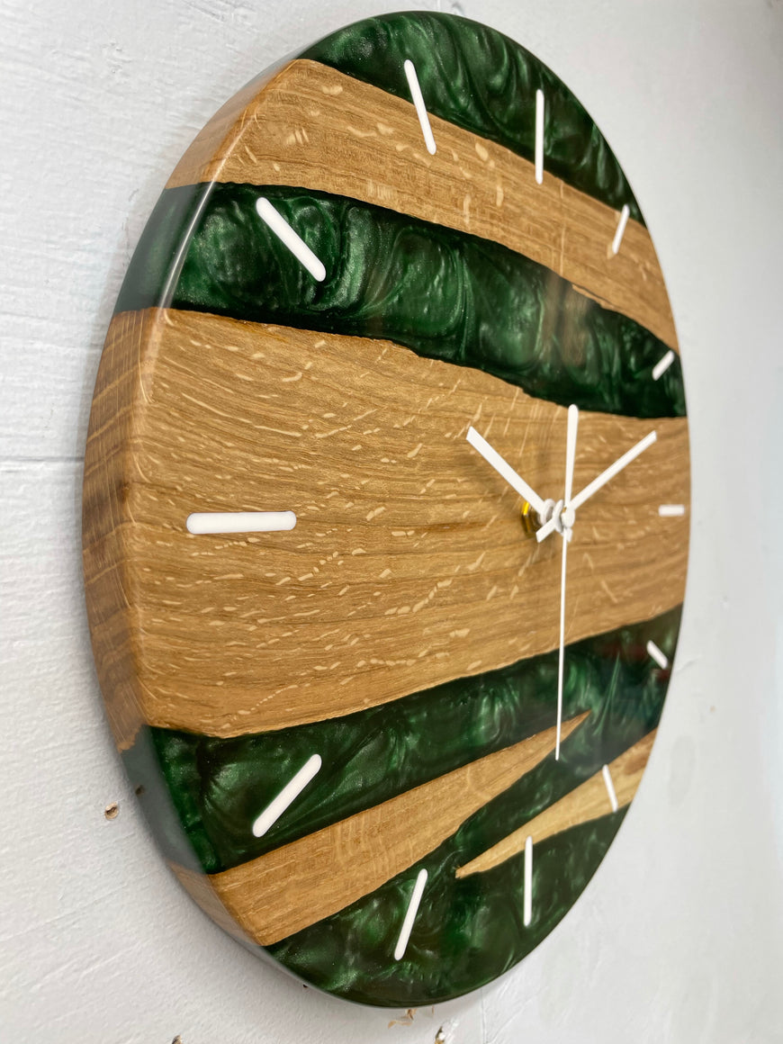 English Oak and Dark Green Pearlescent Resin Wall Clock