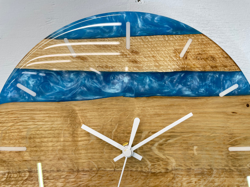 English Oak and Sky Blue Pearlescent Resin Wall Clock