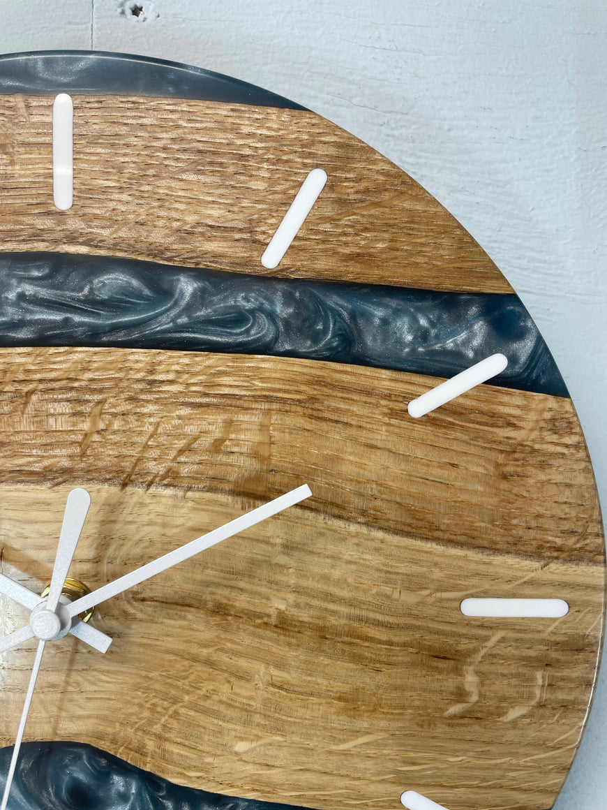 English Oak and Metallic Blue Pearlescent Resin Wall Clock