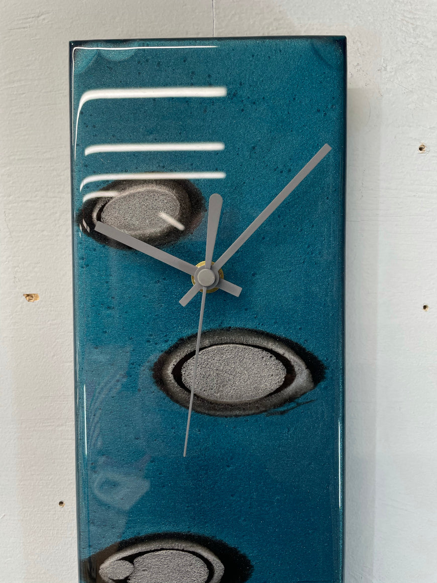 Narrow Turquoise Silver & Black Rectangular Abstract Resin Wall Clock   70cm x 12cm