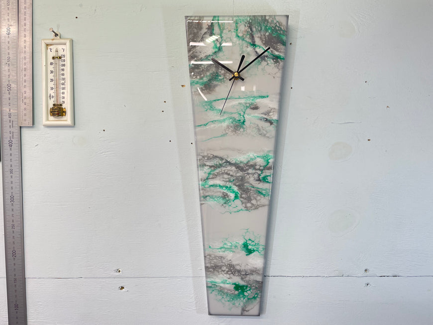 Long Grey Emerald Green and Black Abstract Resin Wall Clock