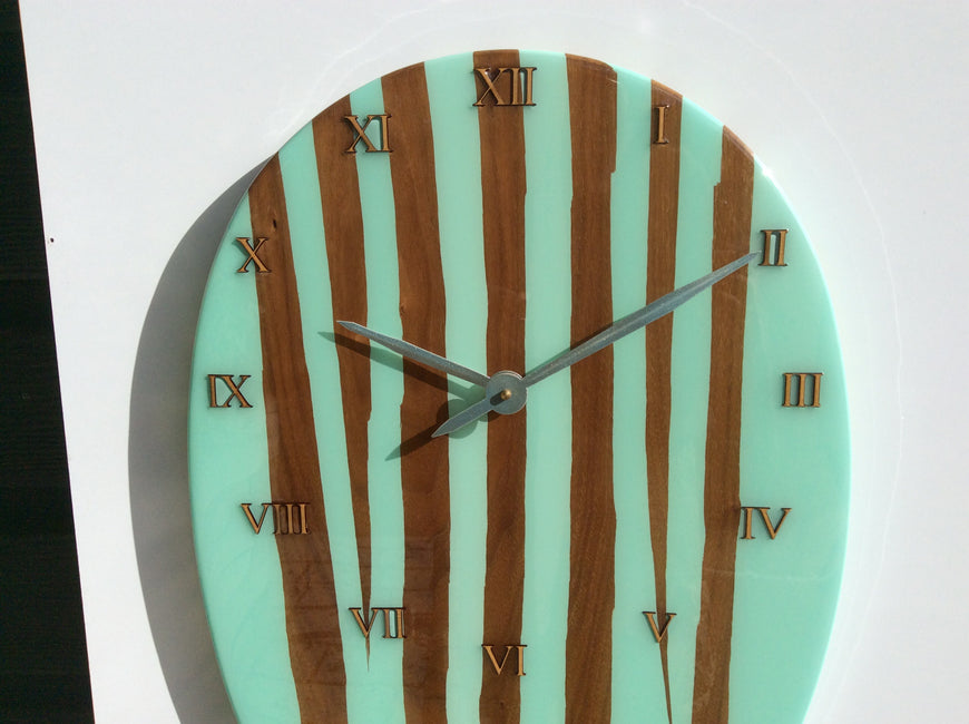 Large Wall Clock, Bespoke Clock, American Black Walnut and Mint Green Resin Clock