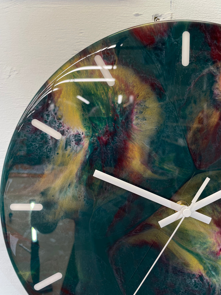 33cm Dark Green Maroon and Gold Abstract Modern Resin Wall Clock