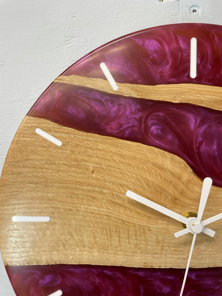 English Oak and Pearlescent Magenta Resin Wall Clock