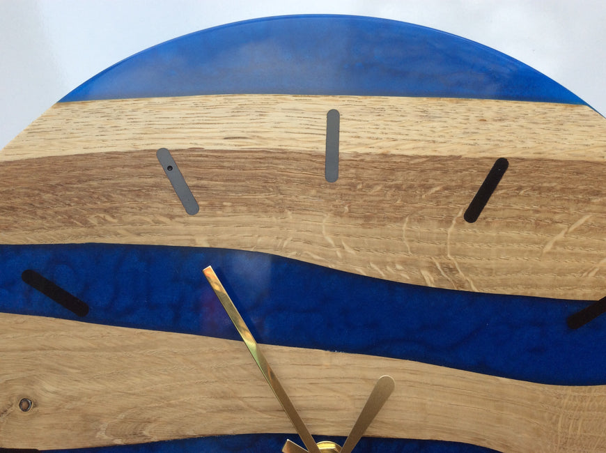 Modern Oak and Blue Resin Wall Clock 