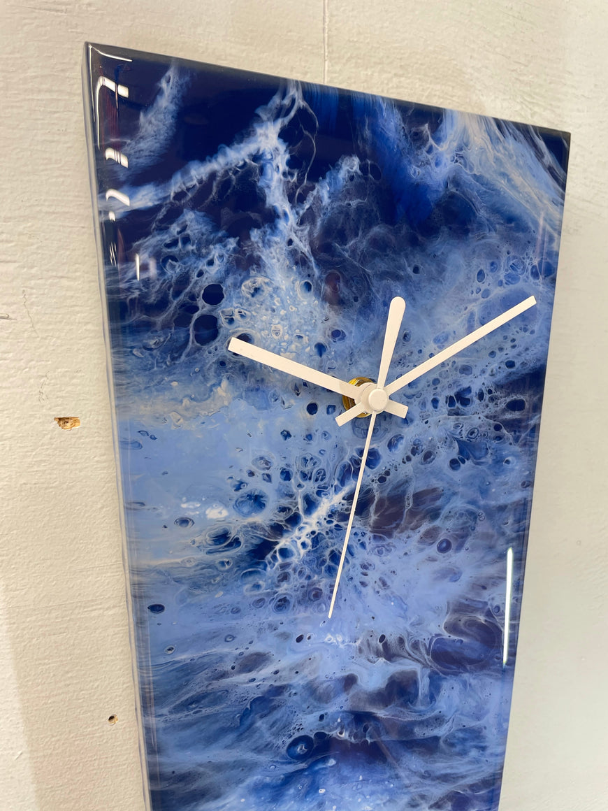 Narrow Navy Blue Baby Blue and White Abstract Resin Wall Clock