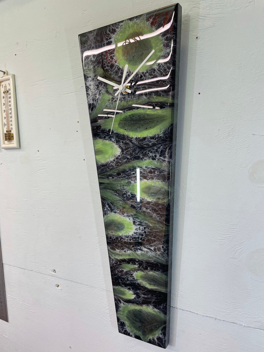 Narrow Black Green and White Abstract Resin Wall Clock, Long Modern Wall Clock