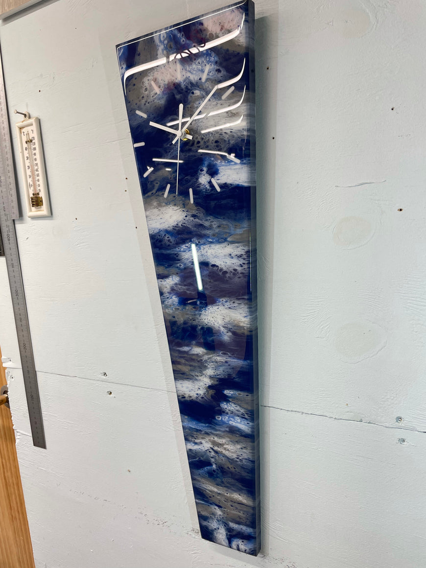 70cm Long Narrow Navy Blue White and Grey Abstract Resin Wall Clock