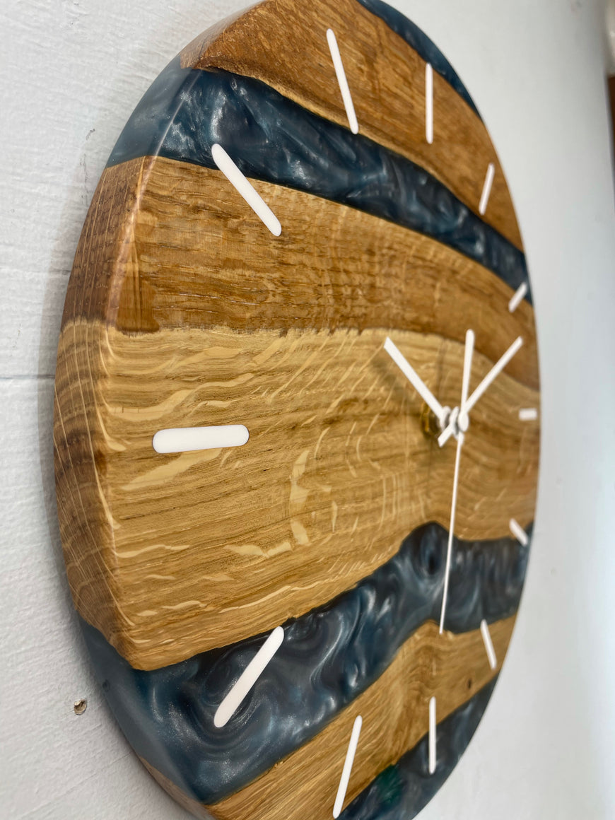 English Oak and Metallic Blue Pearlescent Resin Wall Clock
