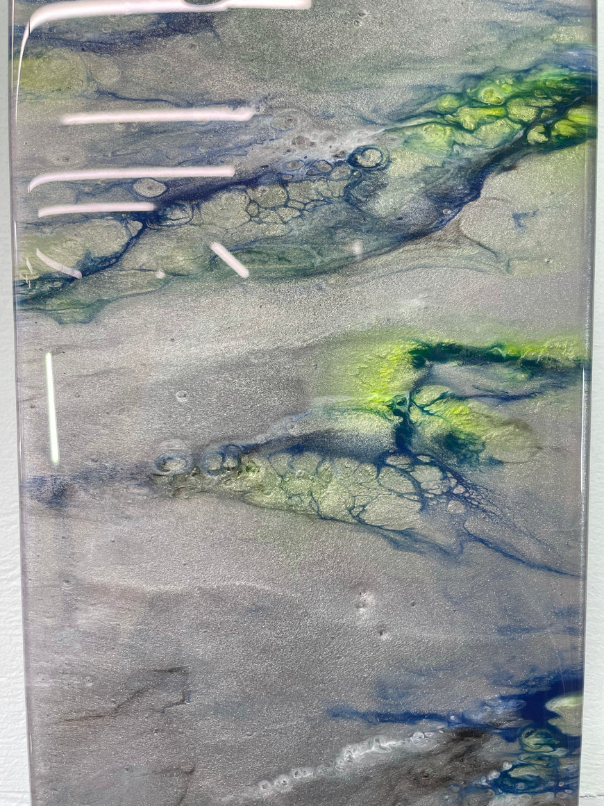 Narrow Metallic Silver Blue and Green Abstract Resin Wall Clock