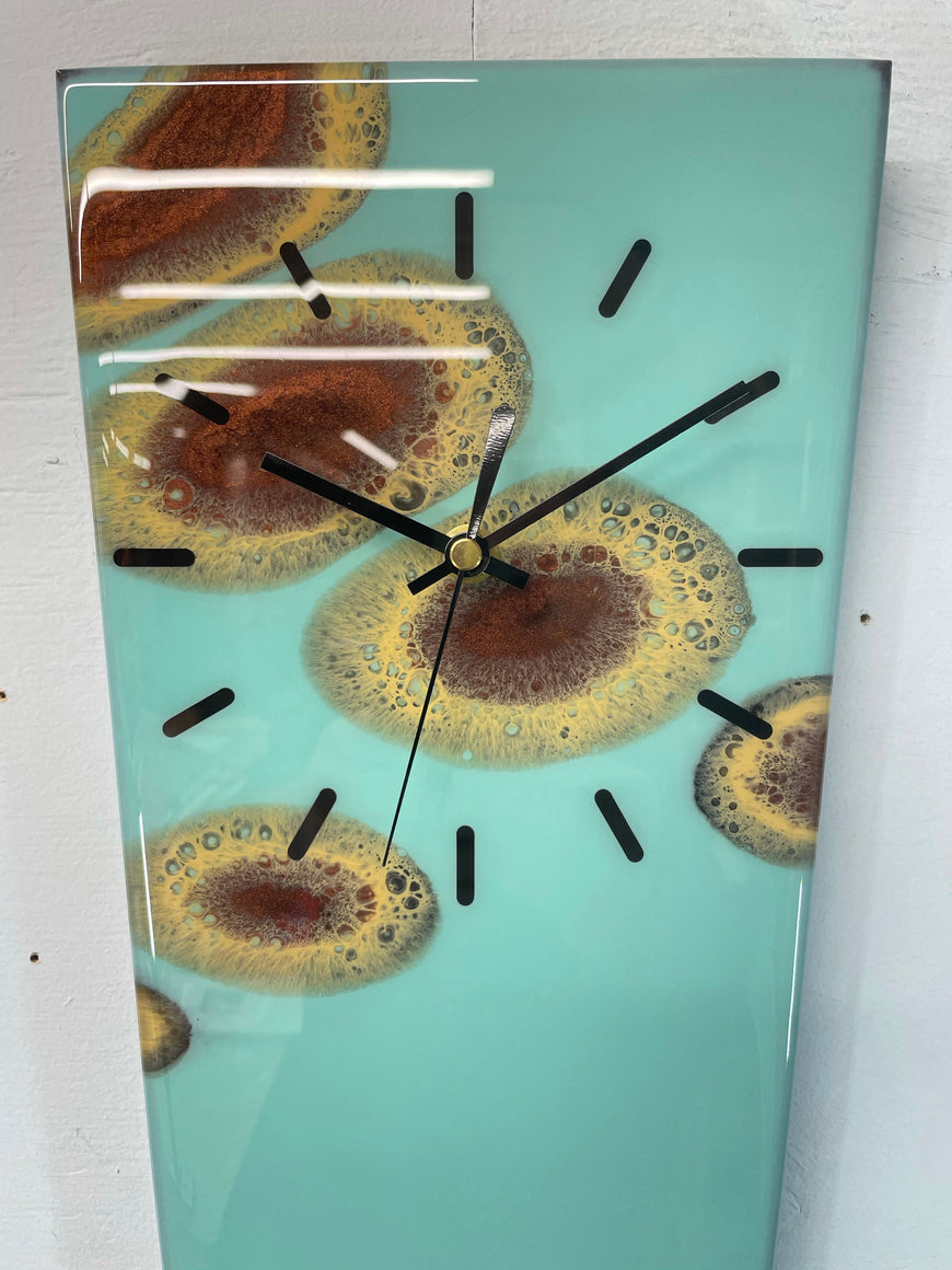 70cm Long Narrow Teal and Copper Abstract Resin Wall Clock