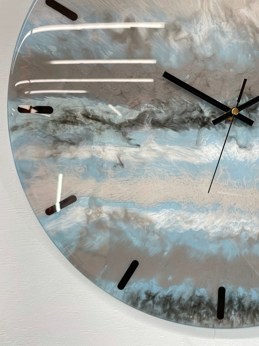 50cm Large Metallic Blue, Grey Black and White Abstract Modern Resin Wall Clock