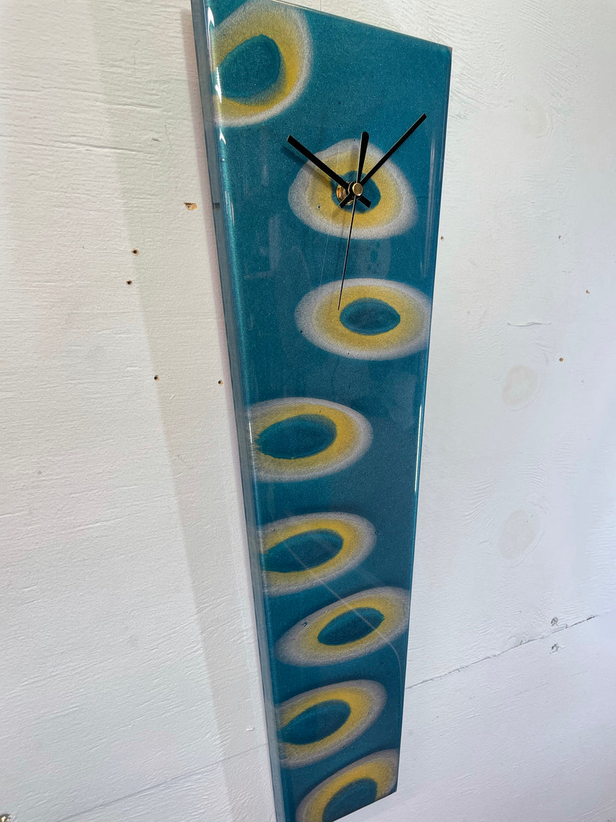 Narrow Turquoise Silver and Gold Abstract Resin Wall Clock