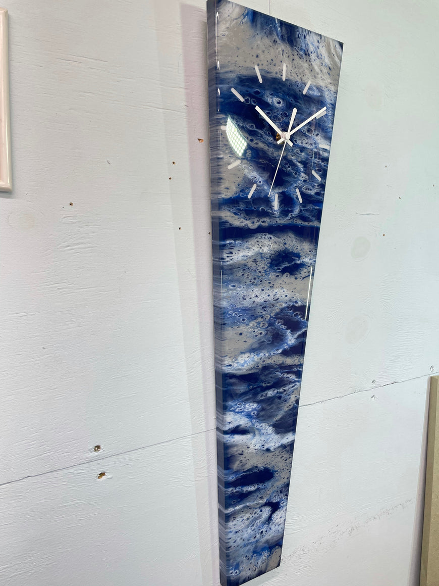 70cm Long Narrow Navy Blue White and Grey Abstract Resin Wall Clock