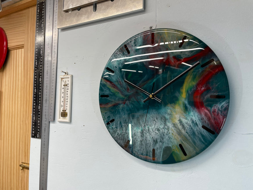 33cm Dark Green Maroon and Gold Abstract Modern Resin Wall Clock