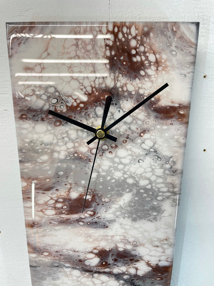 Narrow Grey White and Copper Abstract Resin Wall Clock