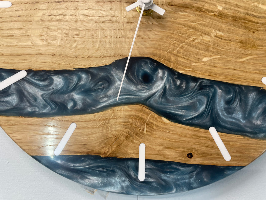 English Oak and Metallic Blue Pearlescent Resin Wall Clock