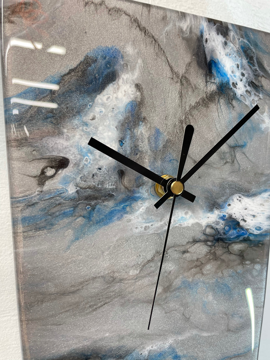 Narrow Metallic Silver Blue Black and White Abstract Resin Wall Clock