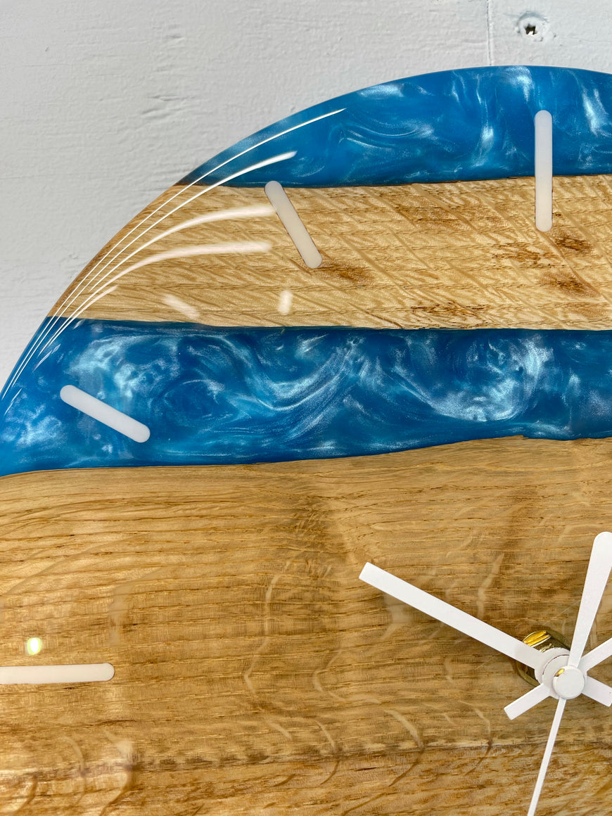 English Oak and Sky Blue Pearlescent Resin Wall Clock