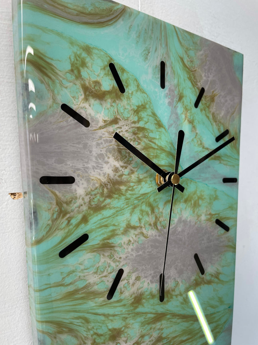 70cm Long Narrow Teal Grey and Green Abstract Resin Wall Clock