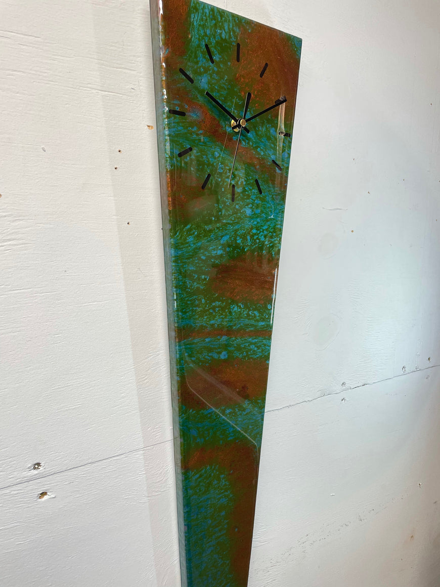 70cm Long Narrow Turquoise Green and Copper Abstract Resin Wall Clock
