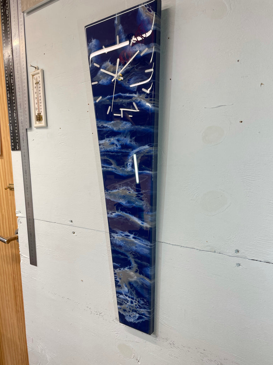 70cm Long Narrow Navy Blue White and Grey Abstract Resin Wall Clock