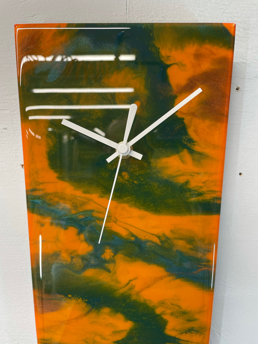 Narrow Burnt Orange Emerald Green and Copper Abstract Resin Wall Clock