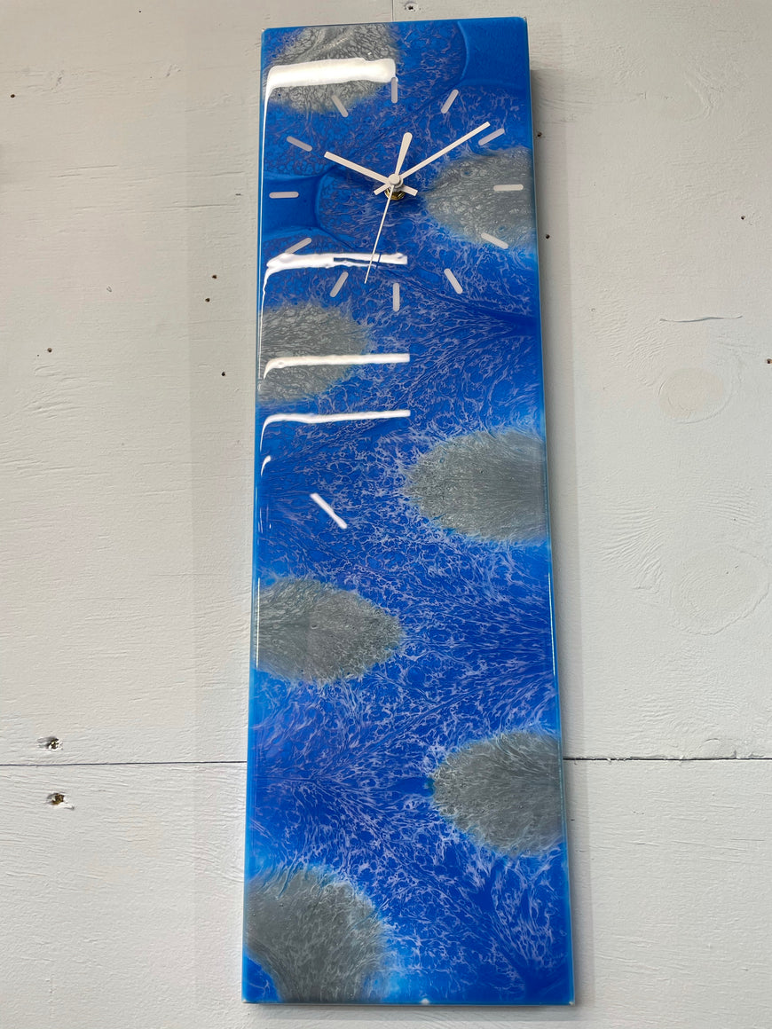 Sapphire Blue And Silver Abstract Resin Wall Clock