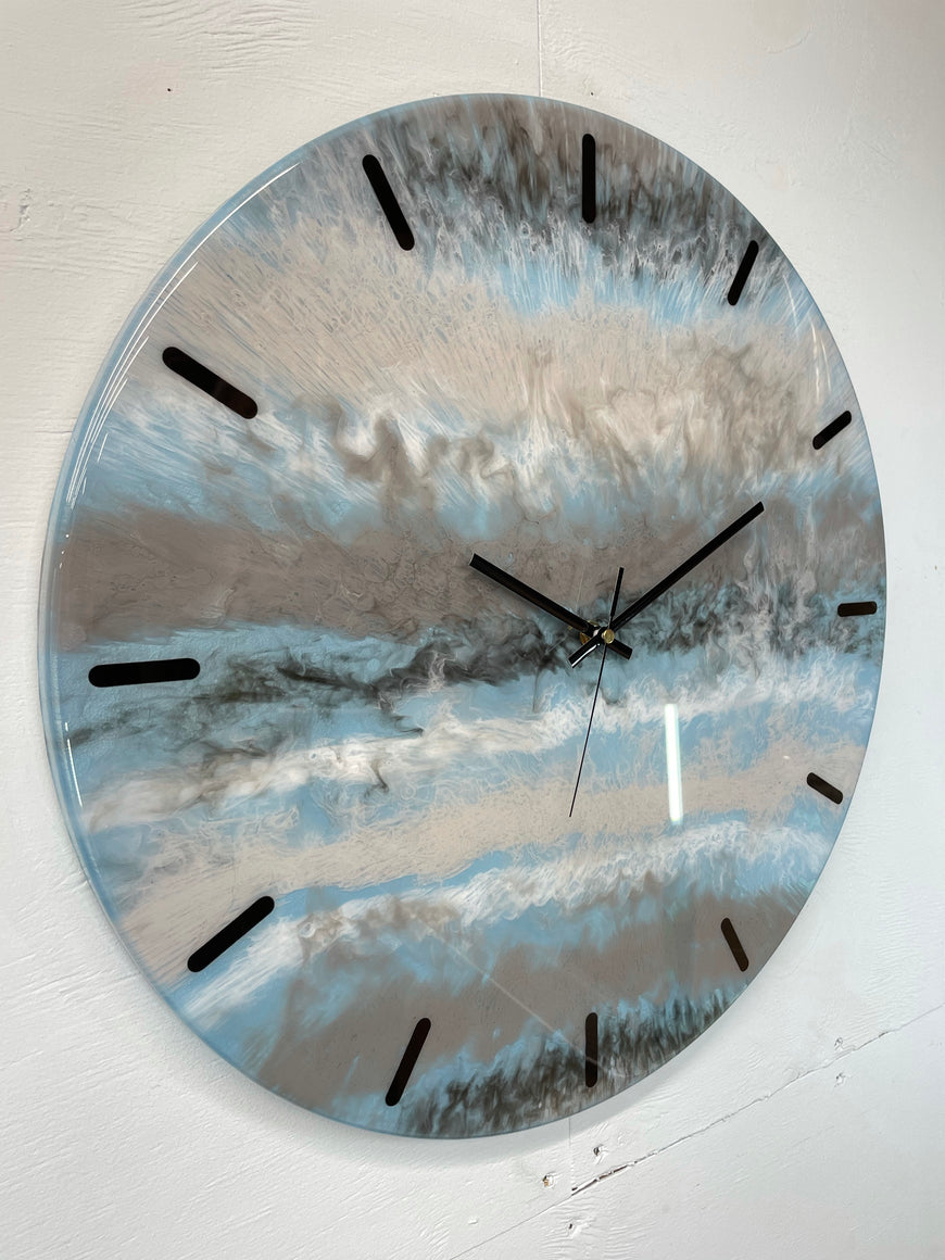 50cm Large Metallic Blue, Grey Black and White Abstract Modern Resin Wall Clock