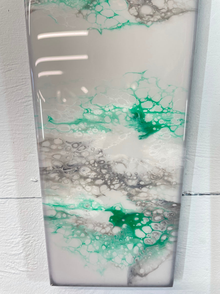 Long Grey Emerald Green and Black Abstract Resin Wall Clock