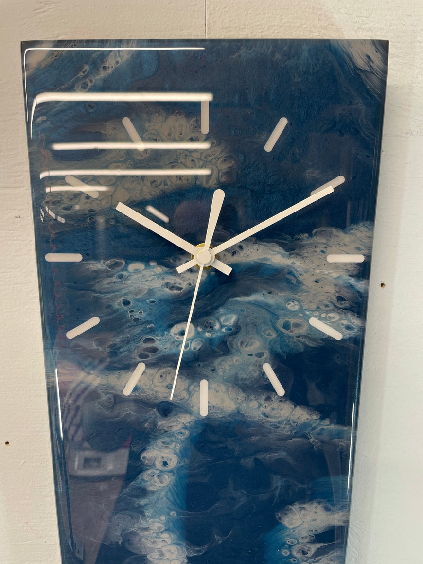 Long Narrow Navy Blue and Grey Abstract Resin Wall Clock