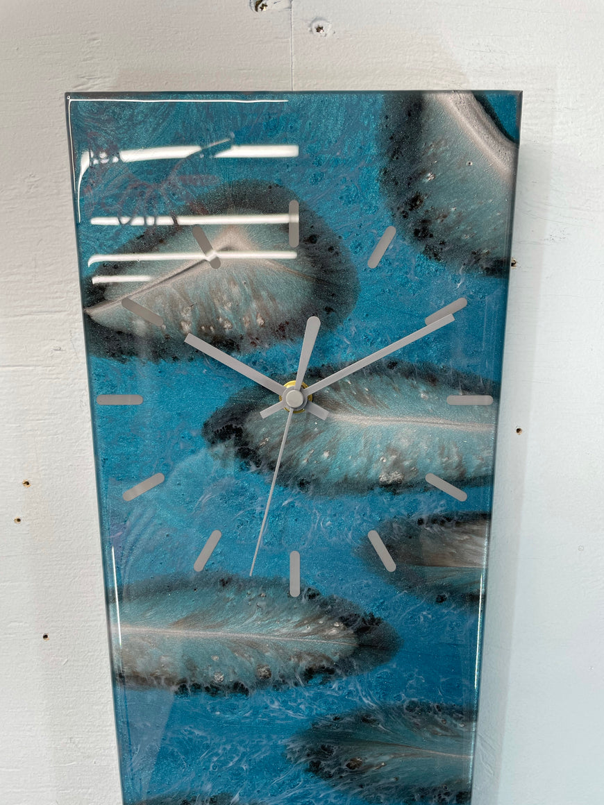 70cm Long Narrow Turquoise Black & Silver Abstract Resin Wall Clock