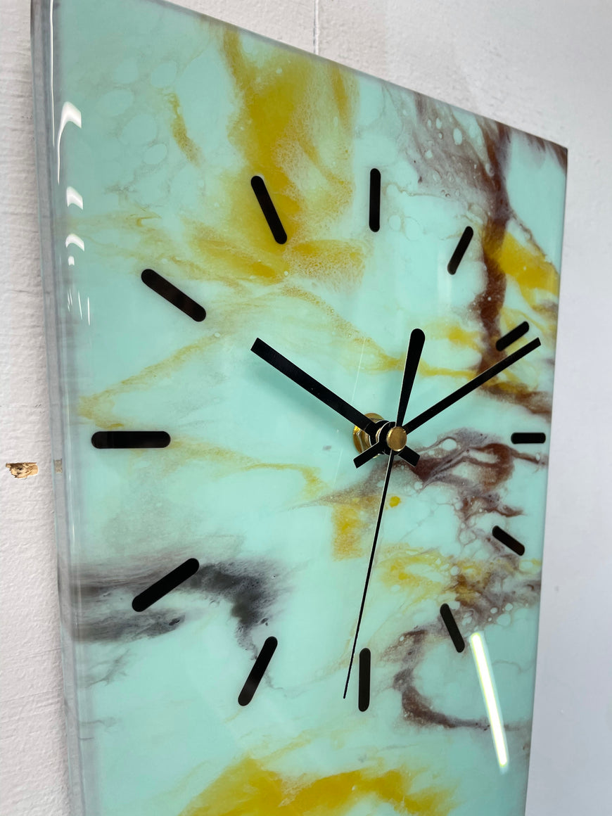 70cm Long Narrow Mint Green and Brown Abstract Resin Wall Clock