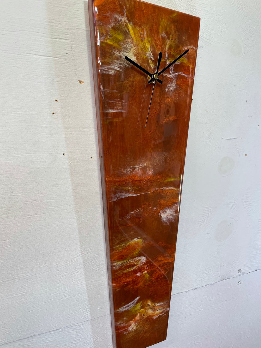 Modern Narrow Brown Copper and Ivory Abstract Resin Wall Clock