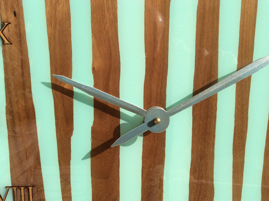 Large Wall Clock, Bespoke Clock, American Black Walnut and Mint Green Resin Clock