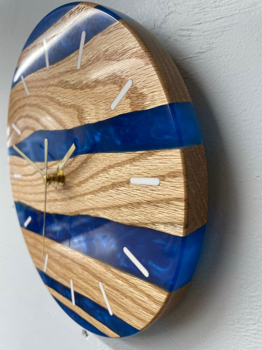 English Oak and Sapphire Blue Pearlescent Resin Wall Clock