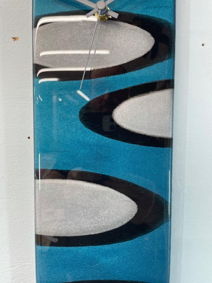 Narrow Turquoise Silver & Black Rectangular Abstract Resin Wall Clock