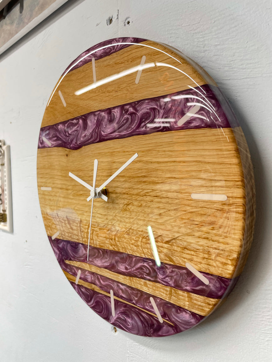 English Oak and Purple Pearlescent Resin Wall Clock