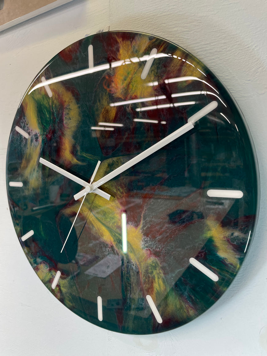 33cm Dark Green Maroon and Gold Abstract Modern Resin Wall Clock