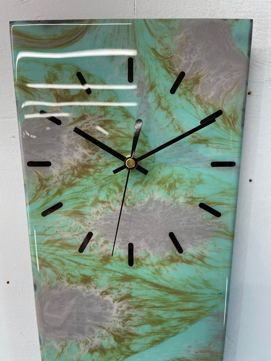 70cm Long Narrow Teal Grey and Green Abstract Resin Wall Clock