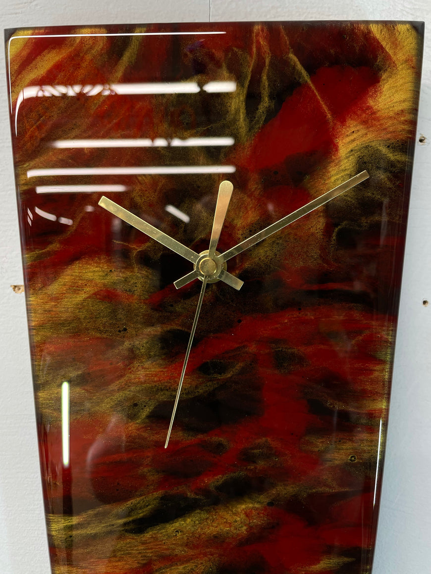 Narrow Black Blood Red Maroon and Gold Abstract Resin Wall Clock