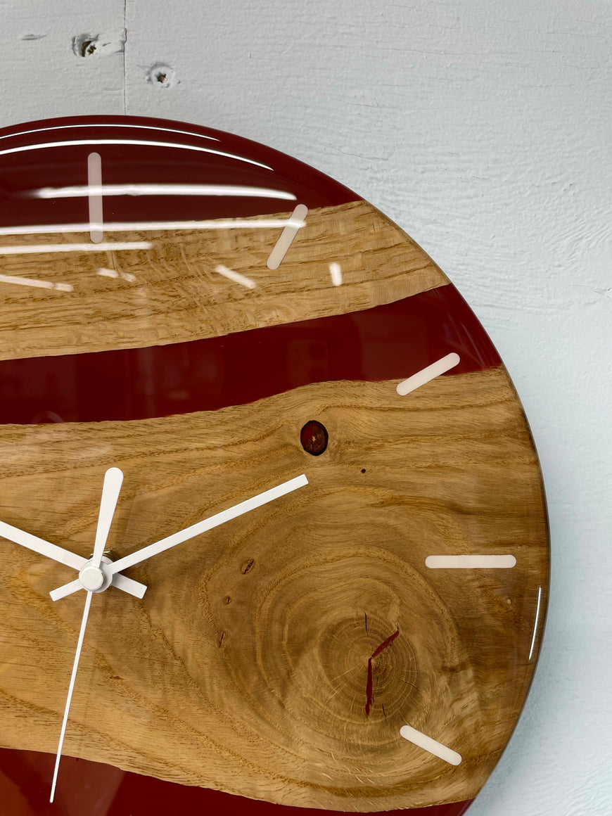 English Oak and Maroon Resin Wall Clock