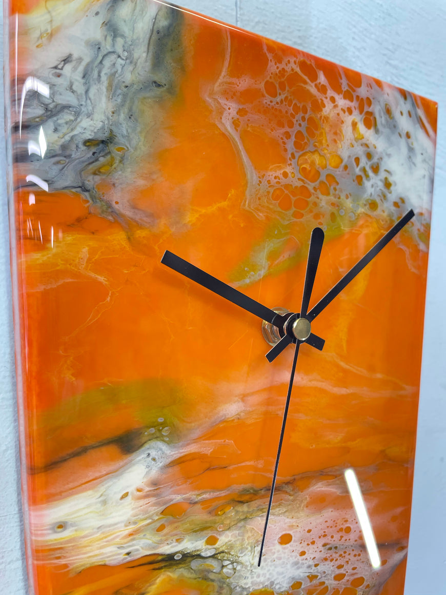 Narrow Burnt Orange Ivory Black and Grey Abstract Resin Wall Clock