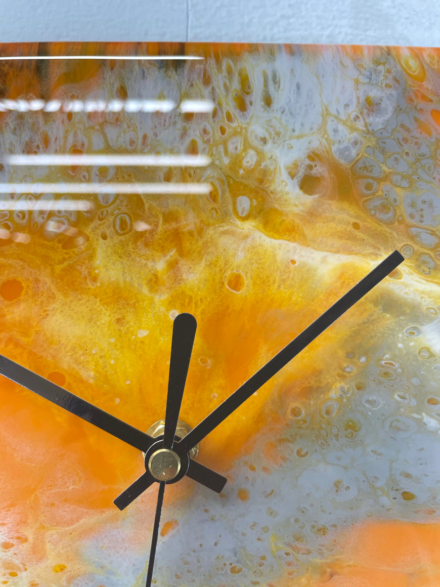 Narrow Burnt Orange Ivory Grey and Black Abstract Resin Wall Clock