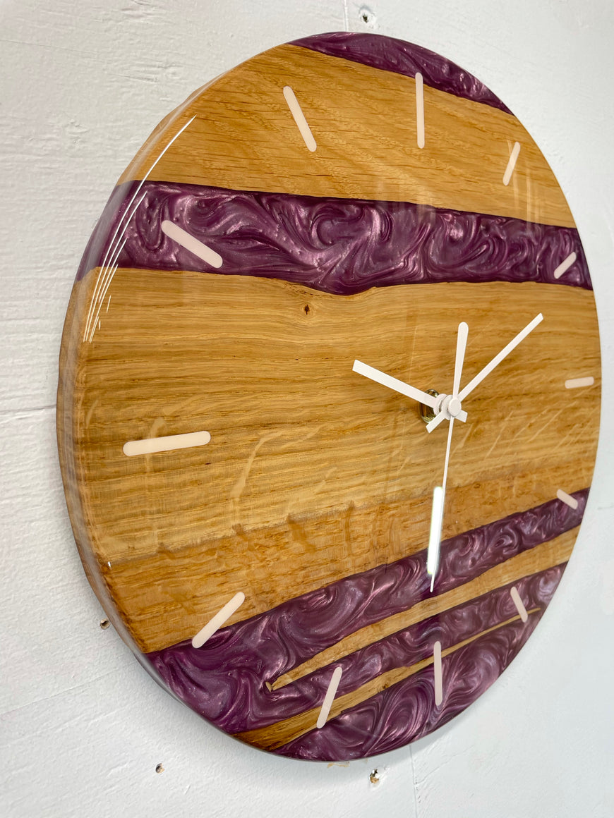 English Oak and Purple Pearlescent Resin Wall Clock