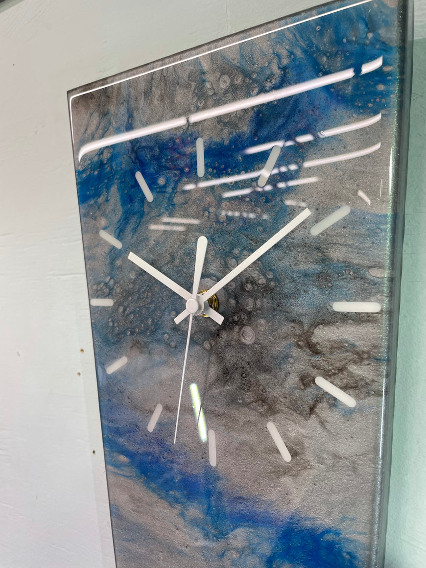 70cm Long Narrow Metallic Silver Blue and Black Abstract Resin Wall Clock