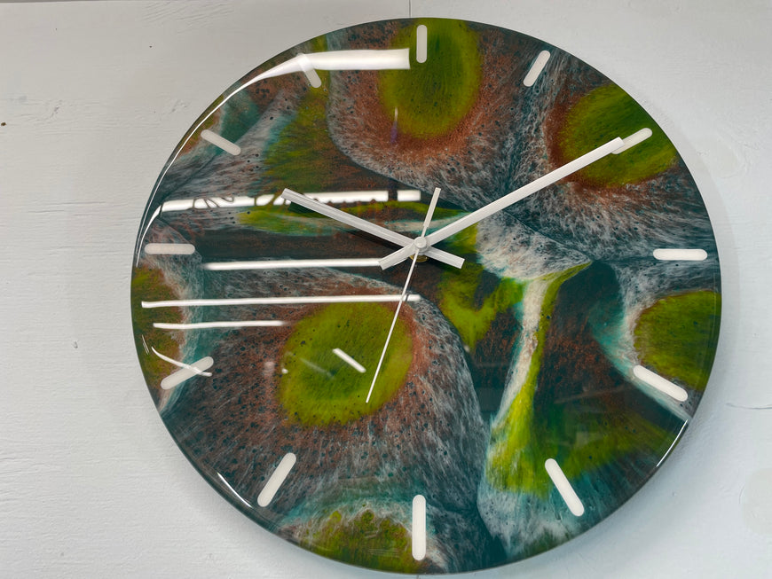 33cm Dark Green Copper and Moss Green Abstract Modern Resin Wall Clock