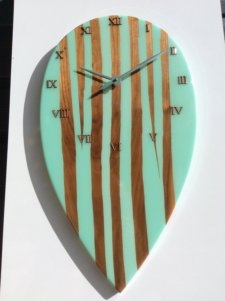 Large Wall Clock, Bespoke Clock, American Black Walnut and Mint Green Resin Clock