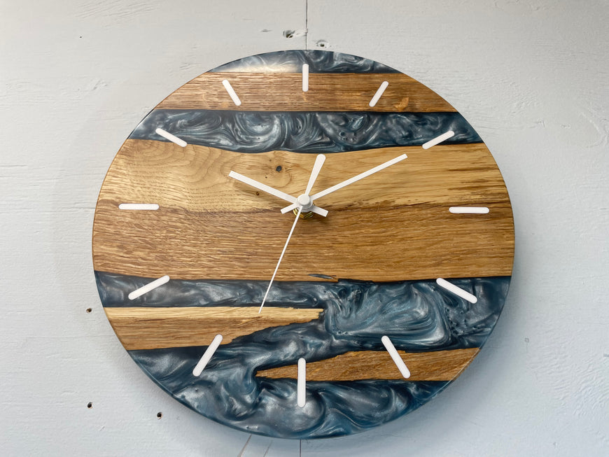 English Oak and Metallic Blue Pearlescent Resin Wall Clock